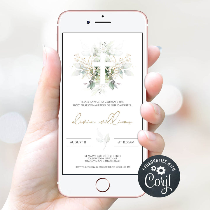 editable first communion invitation, fist communion evite, editable holy communion invitation, floral first communion evite