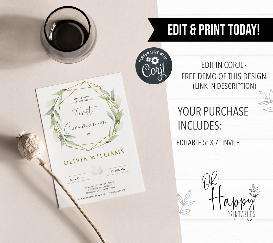 editable gold geometric baptism invitation, editable baptism invitation, geometric baptism evite