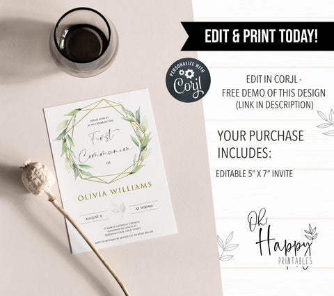 editable gold geometric baptism invitation, editable baptism invitation, geometric baptism evite