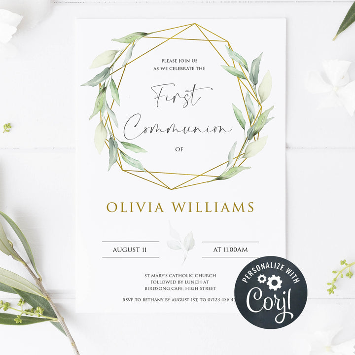 editable geometric first communion invitation, editable first communion evite, editable holy communion invitation