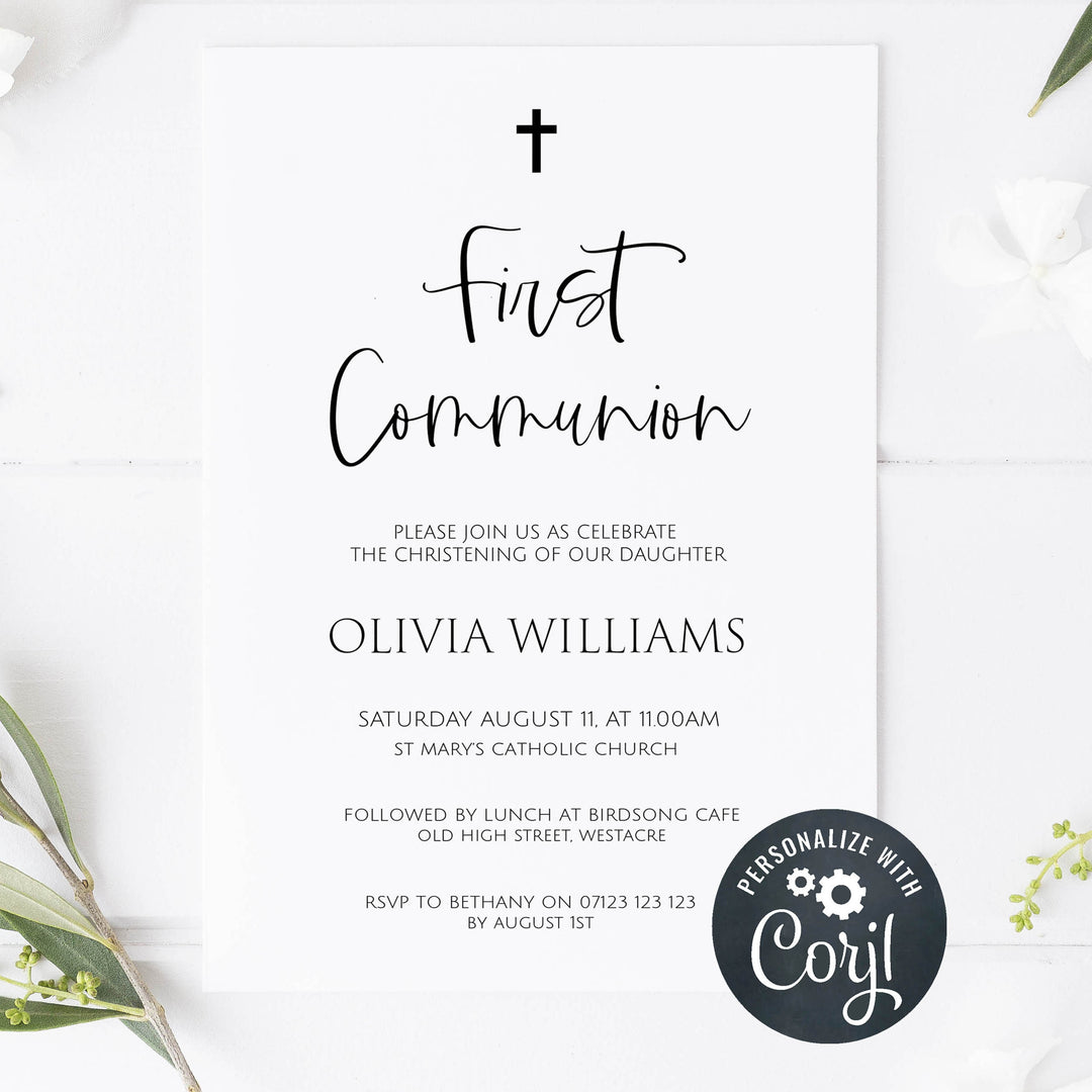 first holy communion invitation card editable First Communion Invitation Template, Instant Download, Printable First Holy Communion Invitation, Editable Invitation, Templett Baptism