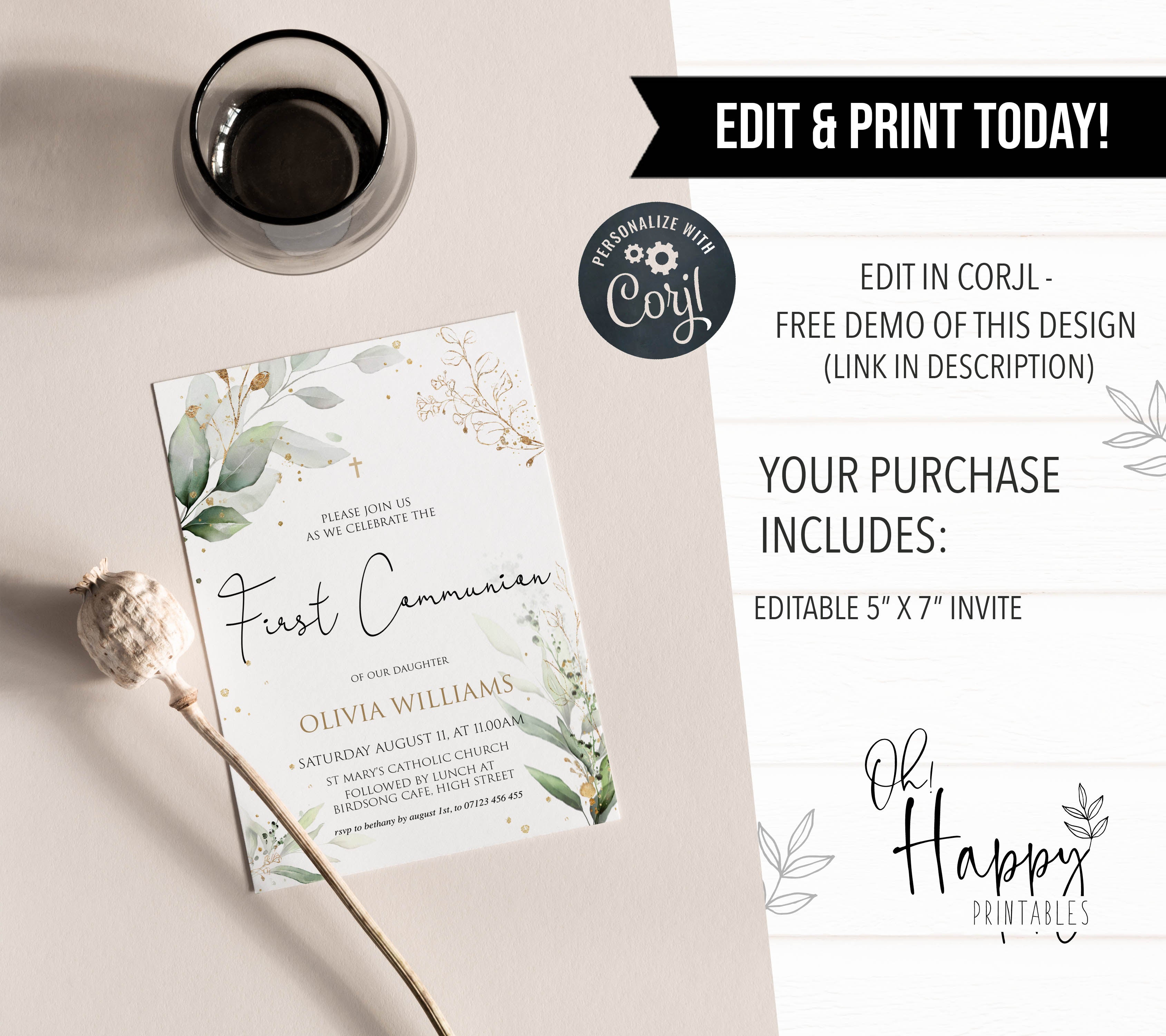 floral first communion invitation, printable first communion invitation, editable invites, first communion