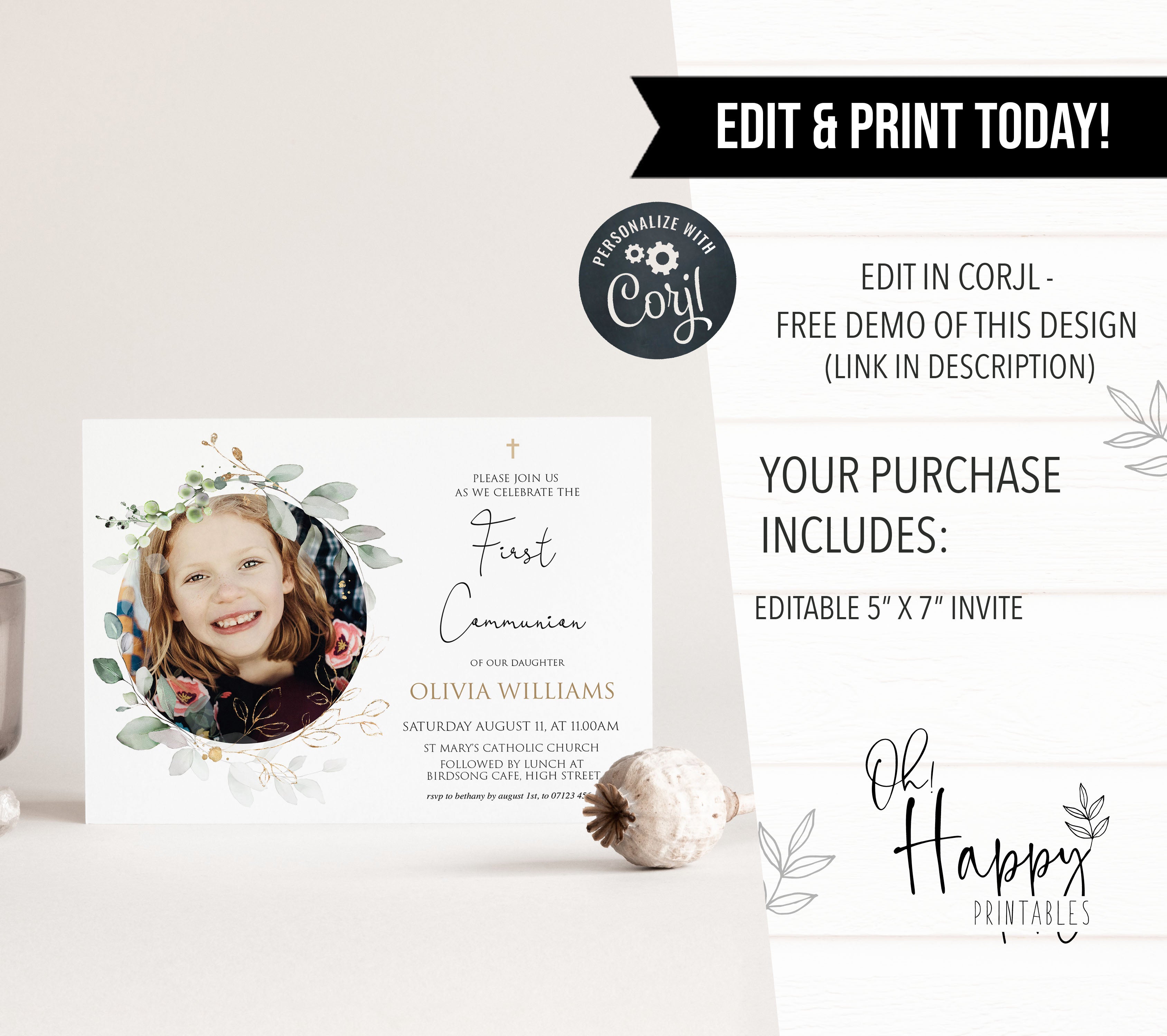 editable first communion invitation, photo first communion invitation, editable first communion evite
