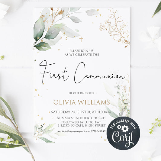 floral first communion invitation, printable first communion invitation, editable invites, first communion