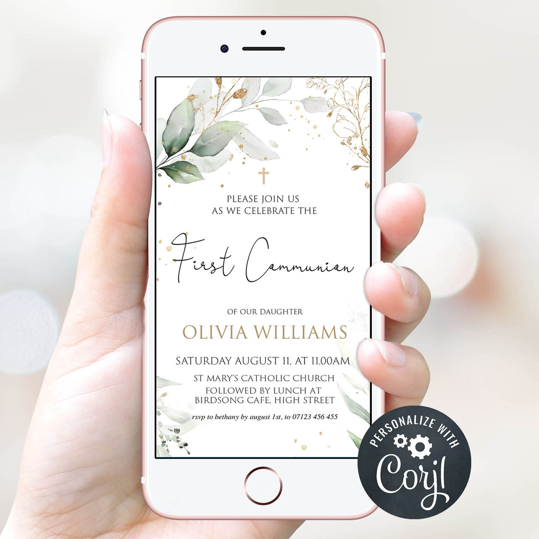 first communion editable invitation, editable invites, first communion invite, floral first communion invite