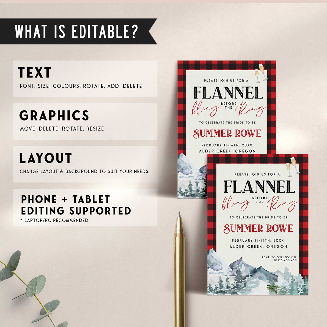 Fully editable and printable bachelorette invitation with a flannel design. Perfect for a woodland flannel Bachelorette themed party