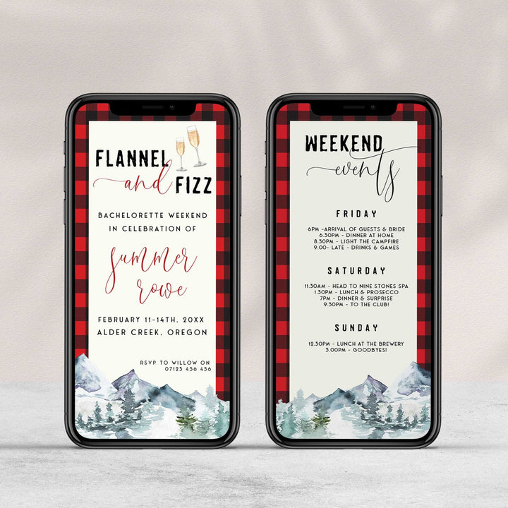 Fully editable and printable bachelorette invitation with a flannel design. Perfect for a woodland flannel Bachelorette themed party