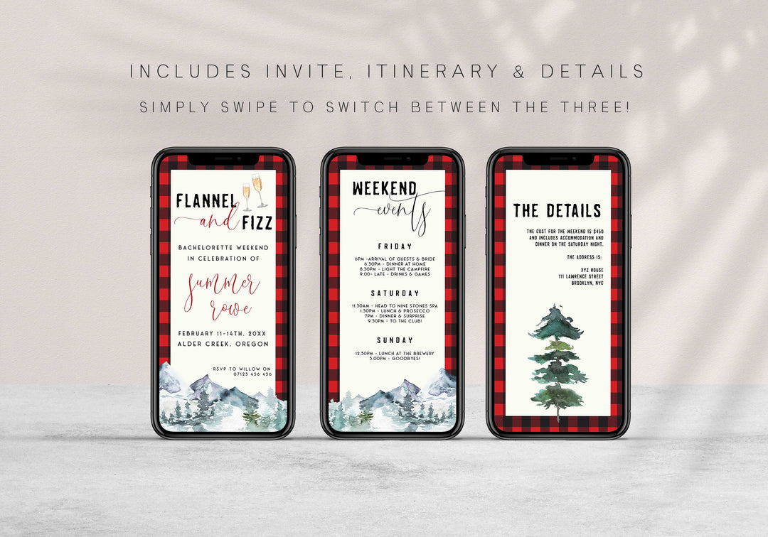 Fully editable and printable bachelorette invitation with a flannel design. Perfect for a woodland flannel Bachelorette themed party