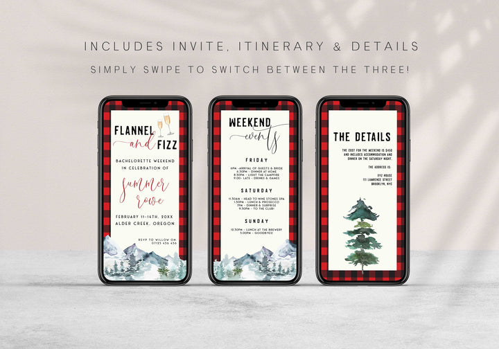 Fully editable and printable bachelorette invitation with a flannel design. Perfect for a woodland flannel Bachelorette themed party