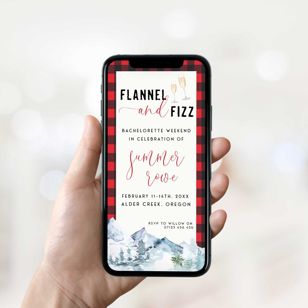 Fully editable and printable bachelorette invitation with a flannel design. Perfect for a woodland flannel Bachelorette themed party