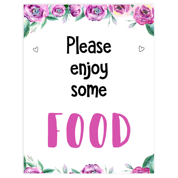 food baby shower sign, printable baby shower decor, purple peonies baby shower signs, fun baby shower ideas