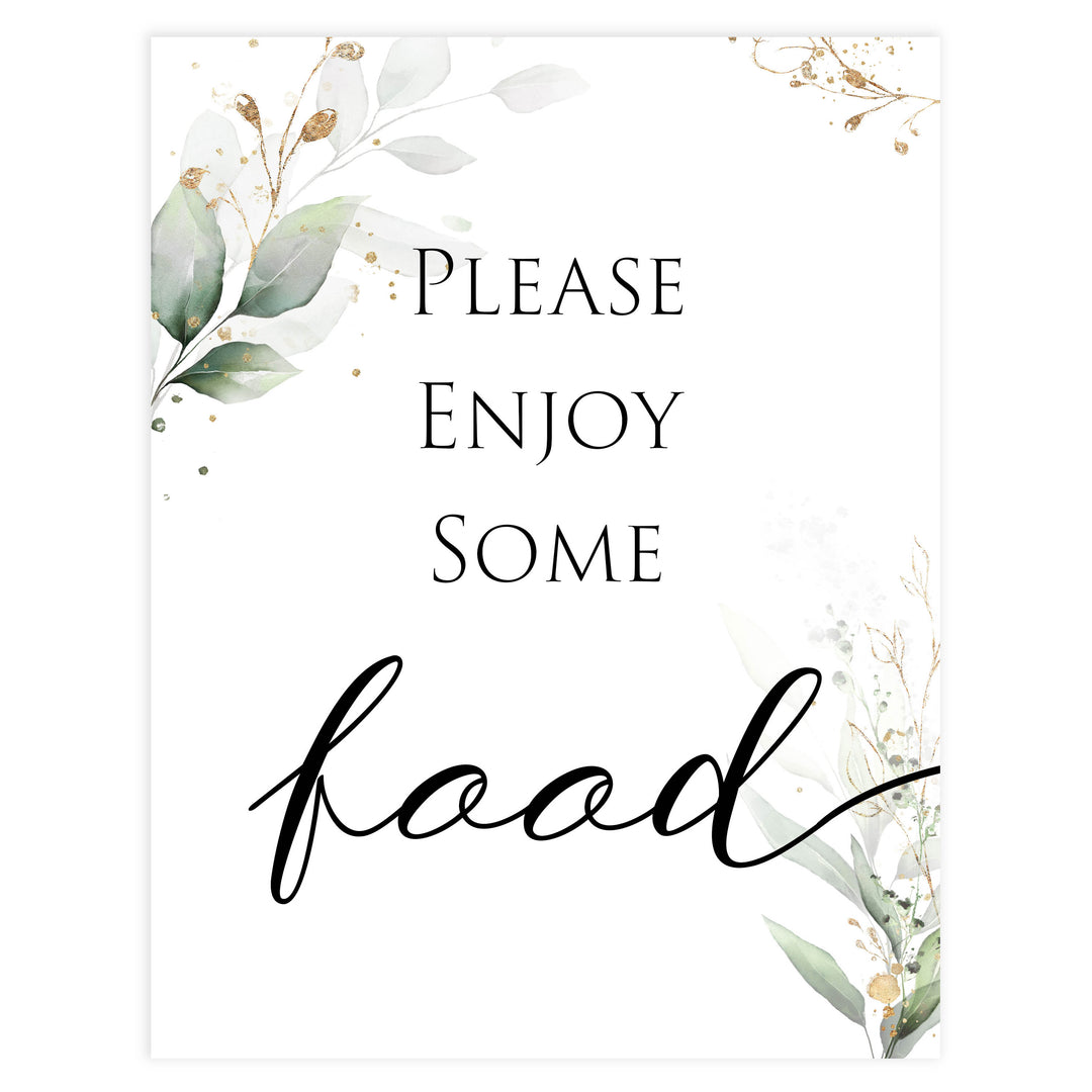 Gold green leaf baby signs, food signs, printable baby shower decor, fun baby signs, top baby games to play, gold leaf baby shower decor, greenery baby shower ideas