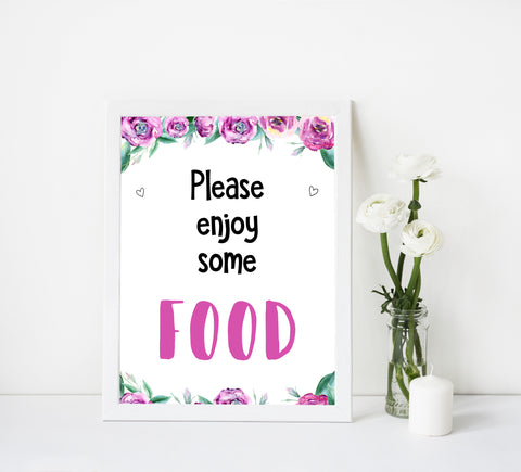 food baby shower sign, printable baby shower decor, purple peonies baby shower signs, fun baby shower ideas