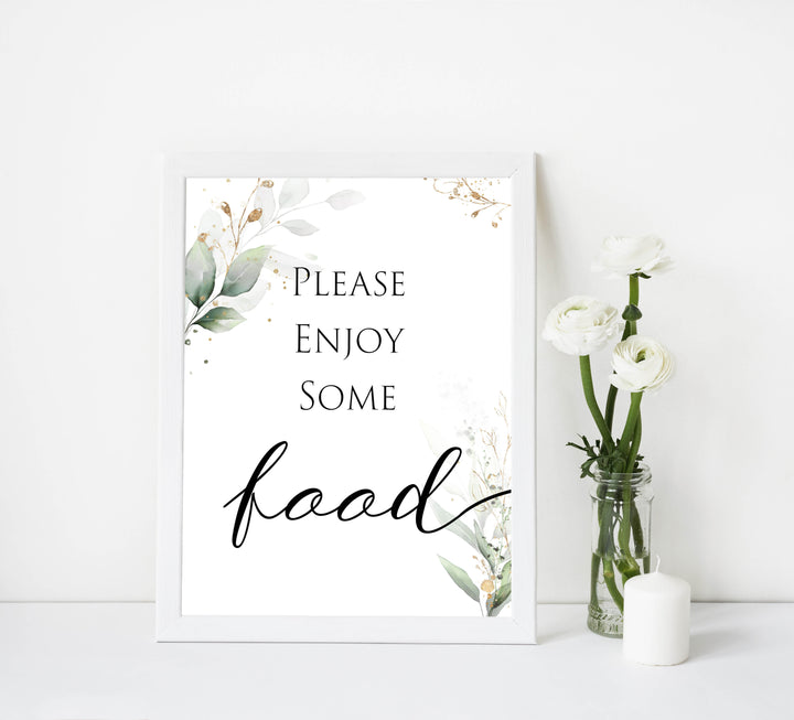 Gold green leaf baby signs, food signs, printable baby shower decor, fun baby signs, top baby games to play, gold leaf baby shower decor, greenery baby shower ideas