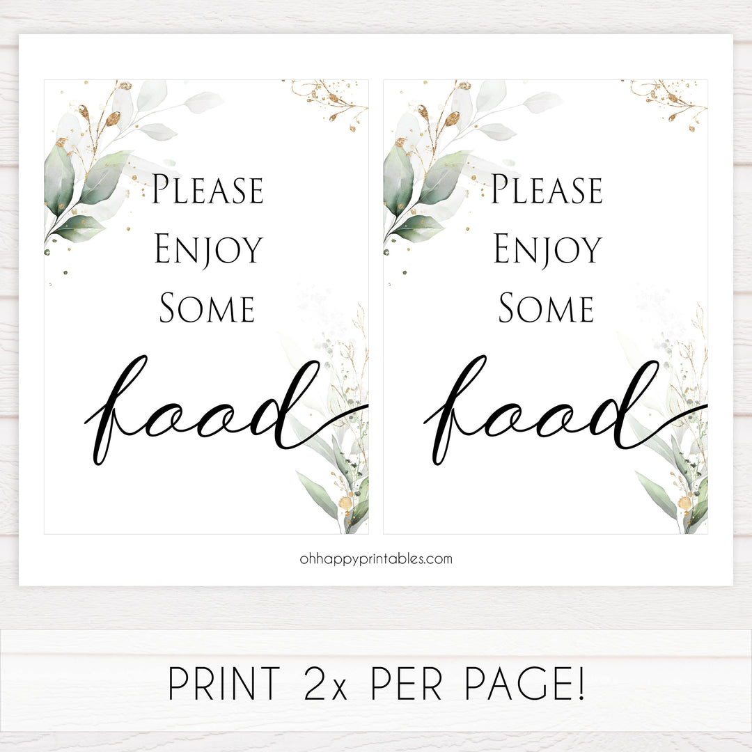 Gold green leaf baby signs, food signs, printable baby shower decor, fun baby signs, top baby games to play, gold leaf baby shower decor, greenery baby shower ideas