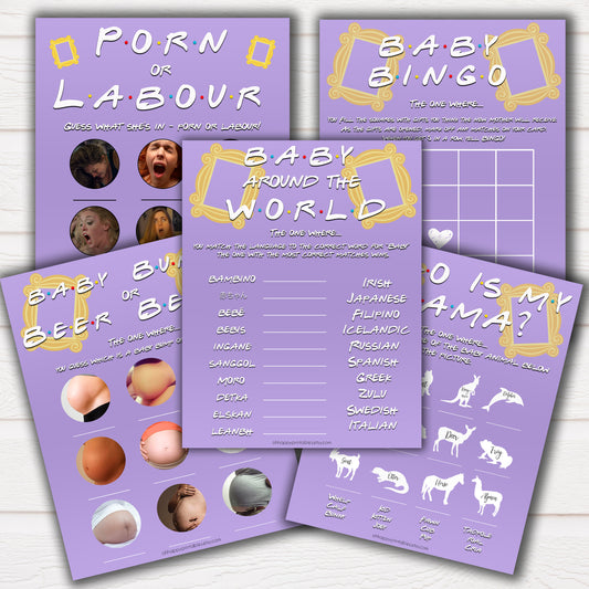 friends tv show baby shower games, 5 pack baby shower games, Friends TV show baby games, porn or labour, baby games