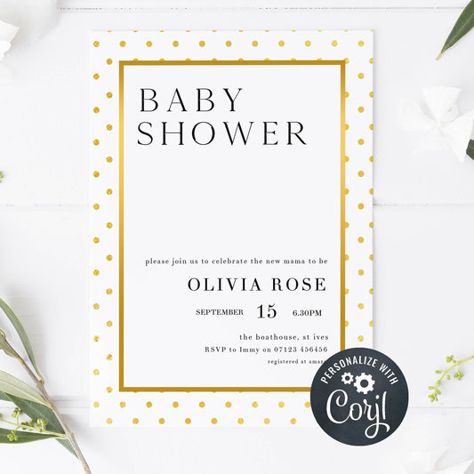 gold baby shower theme, printable baby shower invitations, editable baby shower invitations, gold baby shower, baby shower invites, baby shower mobile invitations