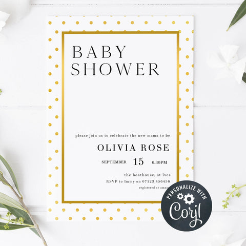 EDITABLE Baby Shower Invitation Gold Dots Baby Invitations