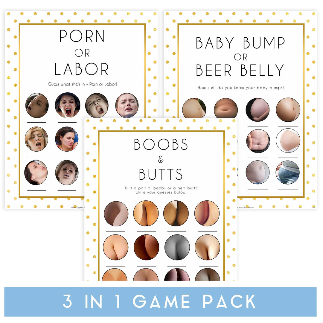 porn or labor, baby bump or beer belly, boobs or butts game, Printable baby shower games, baby gold dots fun baby games, baby shower games, fun baby shower ideas, top baby shower ideas, gold glitter shower baby shower, friends baby shower ideas