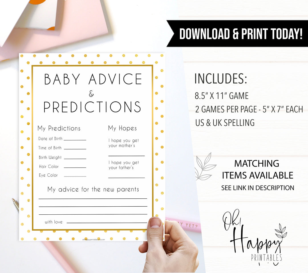 baby advice and predictions, Printable baby shower games, baby gold dots fun baby games, baby shower games, fun baby shower ideas, top baby shower ideas, gold glitter shower baby shower, friends baby shower ideas