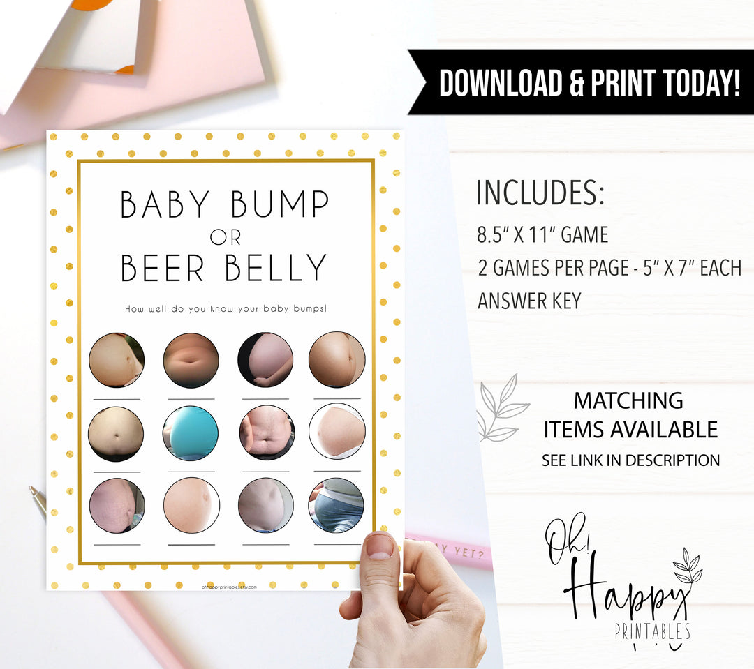 baby bump or beer belly game, Printable baby shower games, baby gold dots fun baby games, baby shower games, fun baby shower ideas, top baby shower ideas, gold glitter shower baby shower, friends baby shower ideas