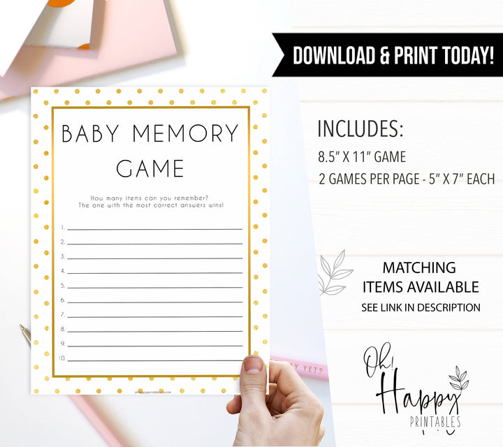 baby memory game, baby memory list, Printable baby shower games, baby gold dots fun baby games, baby shower games, fun baby shower ideas, top baby shower ideas, gold glitter shower baby shower, friends baby shower ideas