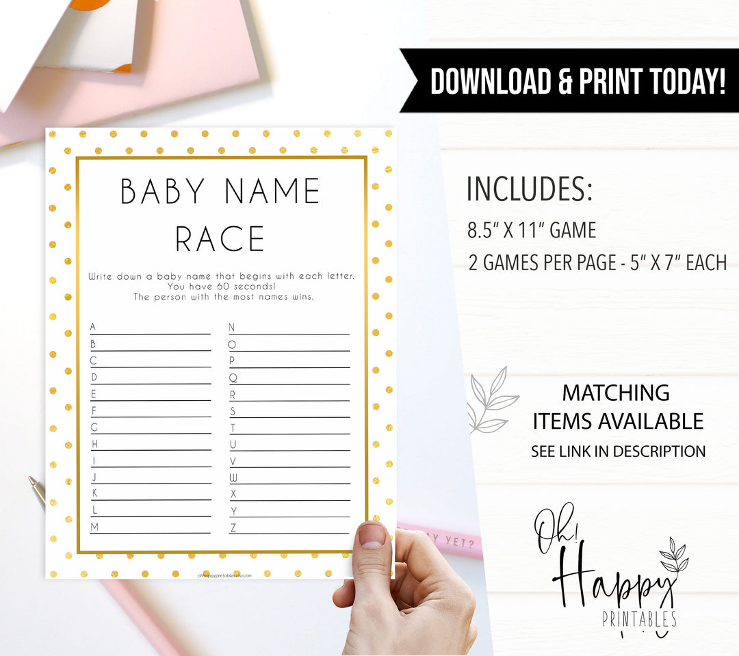 baby name race game, baby name race, Printable baby shower games, baby gold dots fun baby games, baby shower games, fun baby shower ideas, top baby shower ideas, gold glitter shower baby shower, friends baby shower ideas