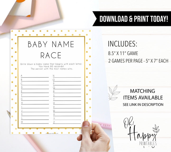 baby name race game, baby name race, Printable baby shower games, baby gold dots fun baby games, baby shower games, fun baby shower ideas, top baby shower ideas, gold glitter shower baby shower, friends baby shower ideas