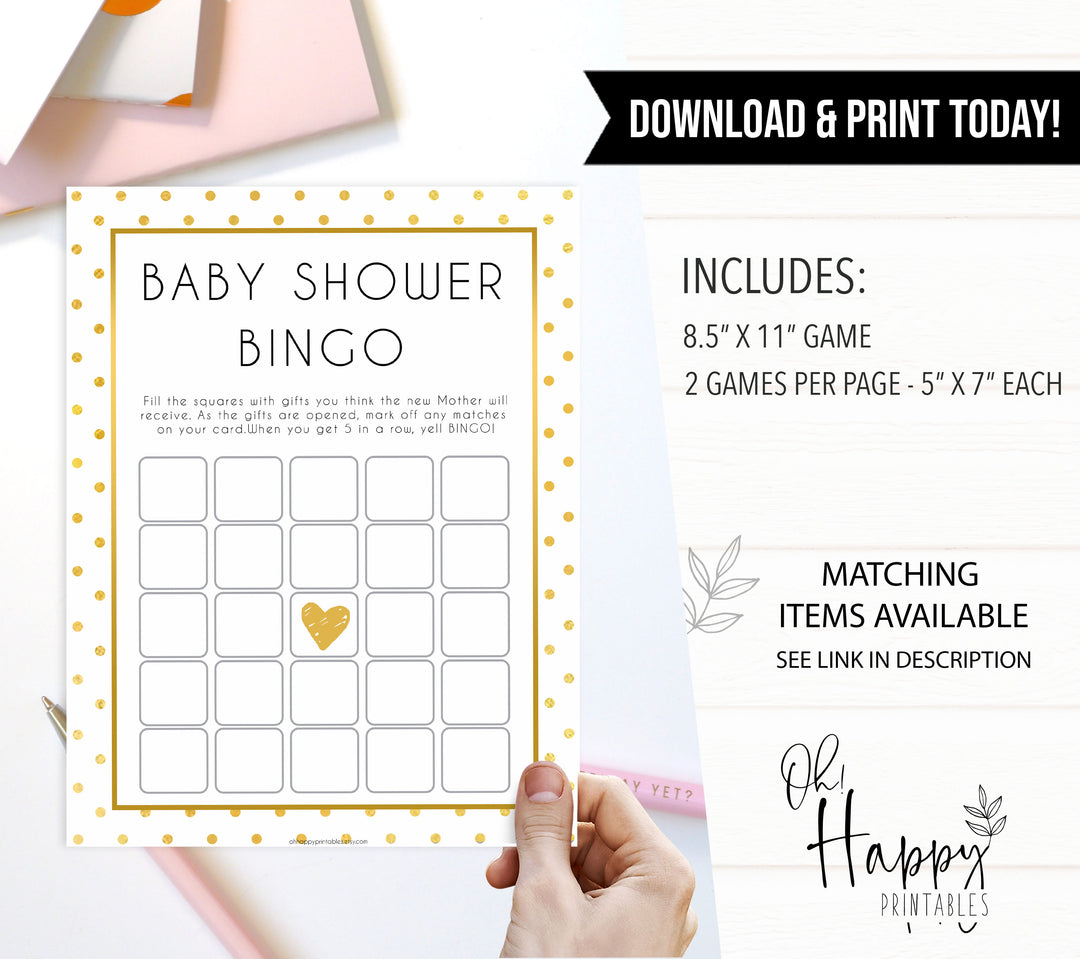 baby shower bingo, baby bingo game, Printable baby shower games, baby gold dots fun baby games, baby shower games, fun baby shower ideas, top baby shower ideas, gold glitter shower baby shower, friends baby shower ideas