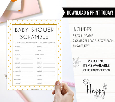 baby shower scramble, baby word scramble, Printable baby shower games, baby gold dots fun baby games, baby shower games, fun baby shower ideas, top baby shower ideas, gold glitter shower baby shower, friends baby shower ideas