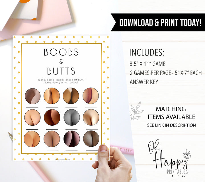 boobs or butts baby game, boobs or butts, Printable baby shower games, baby gold dots fun baby games, baby shower games, fun baby shower ideas, top baby shower ideas, gold glitter shower baby shower, friends baby shower ideas