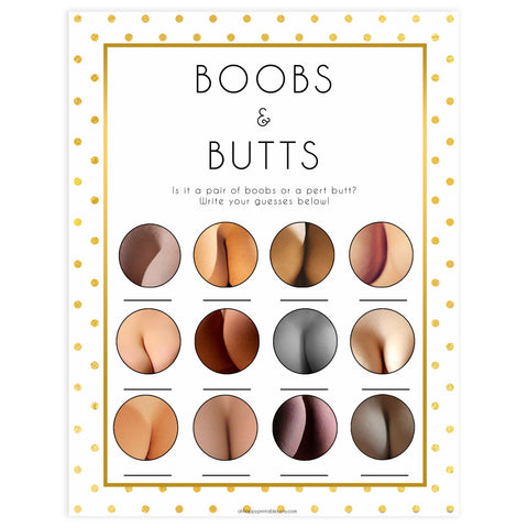 boobs or butts baby game, boobs or butts, Printable baby shower games, baby gold dots fun baby games, baby shower games, fun baby shower ideas, top baby shower ideas, gold glitter shower baby shower, friends baby shower ideas