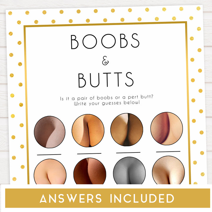 boobs or butts baby game, boobs or butts, Printable baby shower games, baby gold dots fun baby games, baby shower games, fun baby shower ideas, top baby shower ideas, gold glitter shower baby shower, friends baby shower ideas