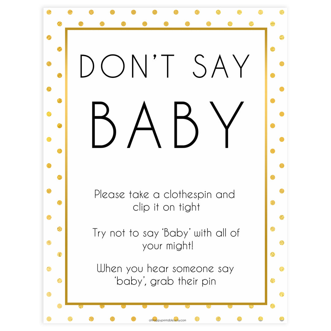 dont say baby, baby clothes pin game, Printable baby shower games, baby gold dots fun baby games, baby shower games, fun baby shower ideas, top baby shower ideas, gold glitter shower baby shower, friends baby shower ideas
