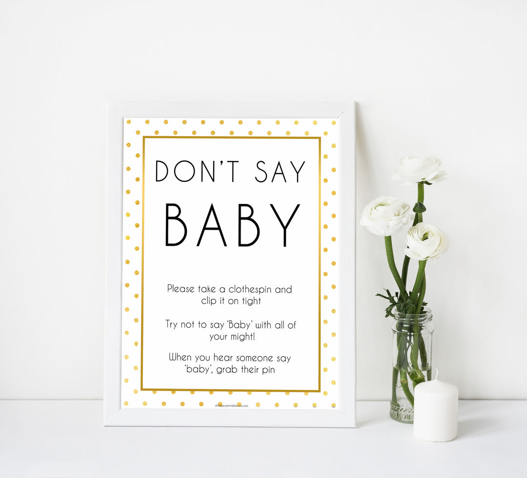 dont say baby, baby clothes pin game, Printable baby shower games, baby gold dots fun baby games, baby shower games, fun baby shower ideas, top baby shower ideas, gold glitter shower baby shower, friends baby shower ideas