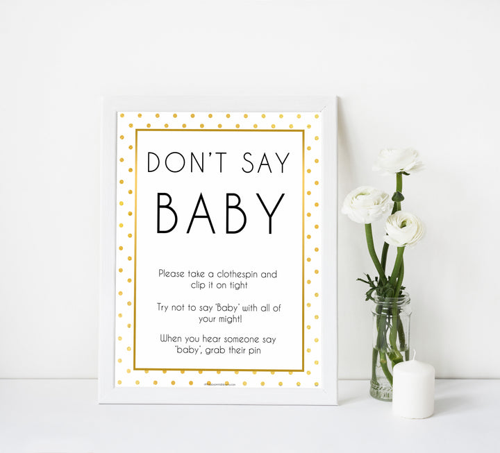 dont say baby, baby clothes pin game, Printable baby shower games, baby gold dots fun baby games, baby shower games, fun baby shower ideas, top baby shower ideas, gold glitter shower baby shower, friends baby shower ideas