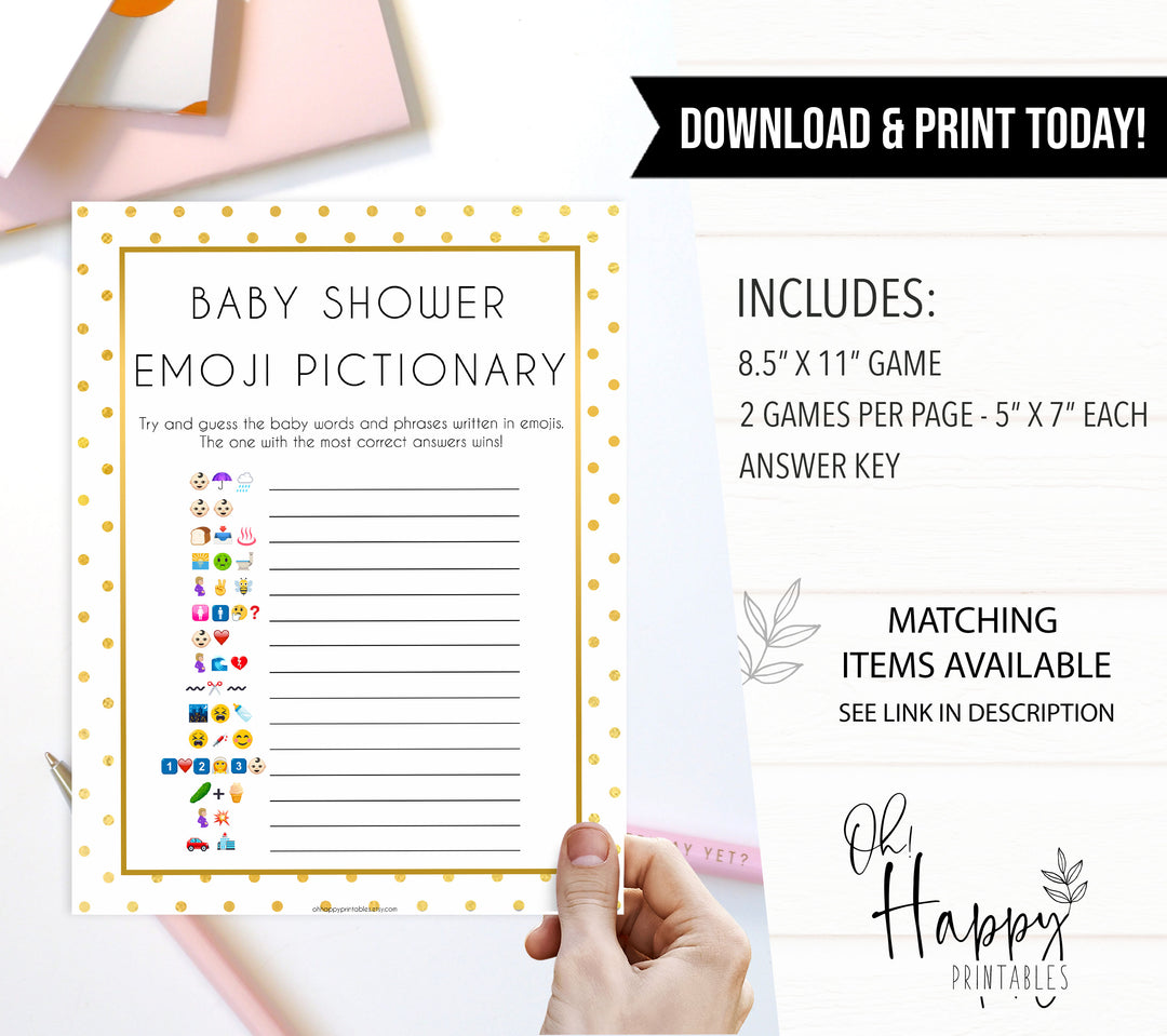 baby emoji pictionary game, Printable baby shower games, baby gold dots fun baby games, baby shower games, fun baby shower ideas, top baby shower ideas, gold glitter shower baby shower, friends baby shower ideas