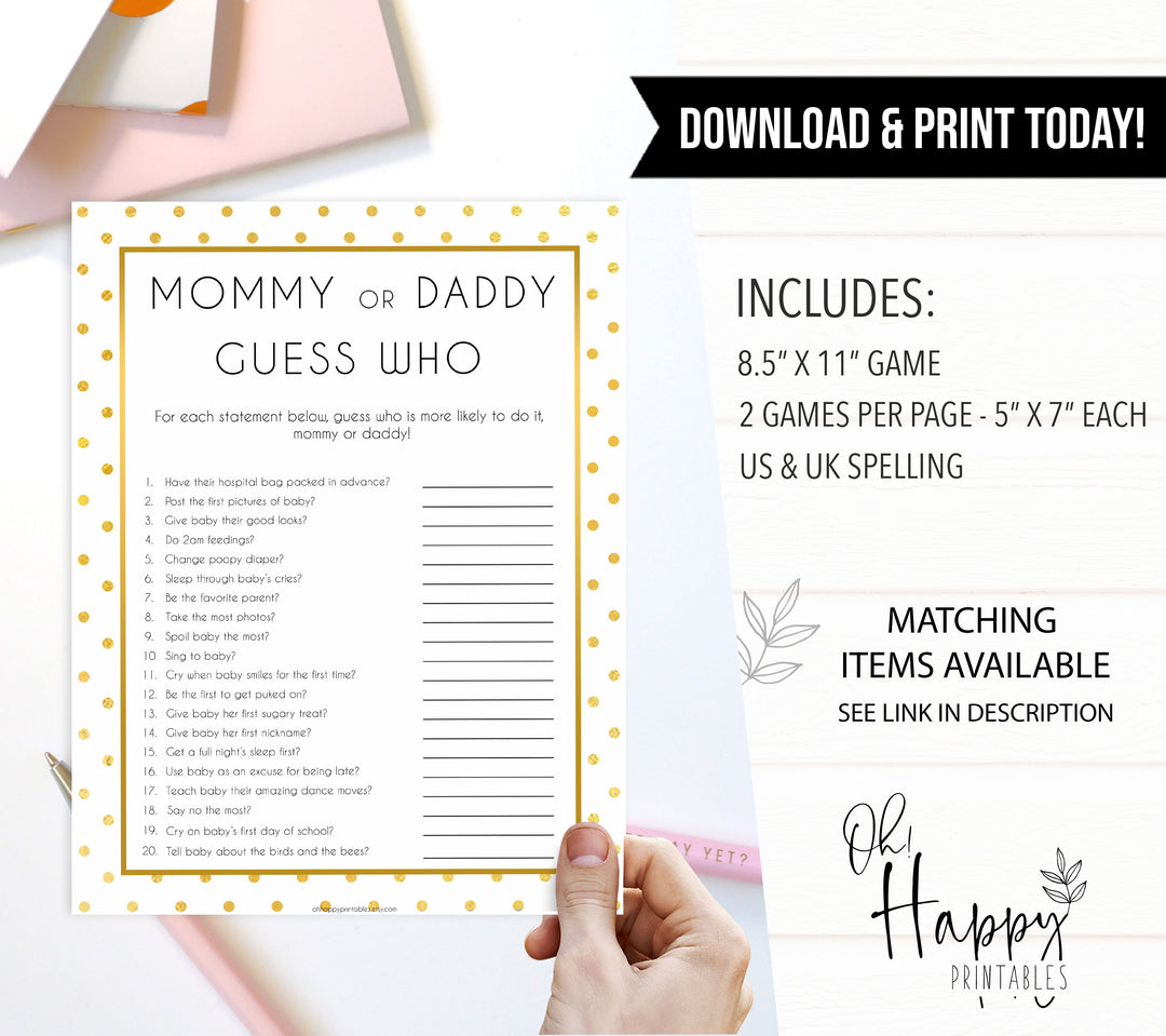 mommy or daddy guess who, guess who baby game, Printable baby shower games, baby gold dots fun baby games, baby shower games, fun baby shower ideas, top baby shower ideas, gold glitter shower baby shower, friends baby shower ideas