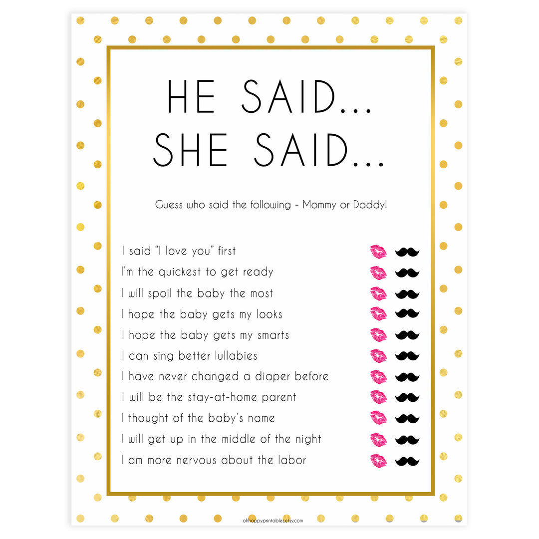 he said she said baby games, Printable baby shower games, baby gold dots fun baby games, baby shower games, fun baby shower ideas, top baby shower ideas, gold glitter shower baby shower, friends baby shower ideas