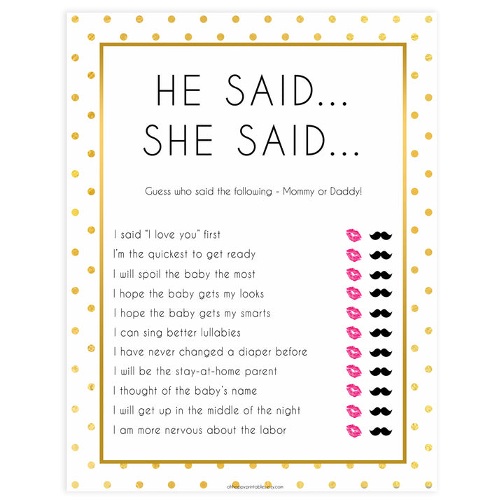 he said she said baby games, Printable baby shower games, baby gold dots fun baby games, baby shower games, fun baby shower ideas, top baby shower ideas, gold glitter shower baby shower, friends baby shower ideas
