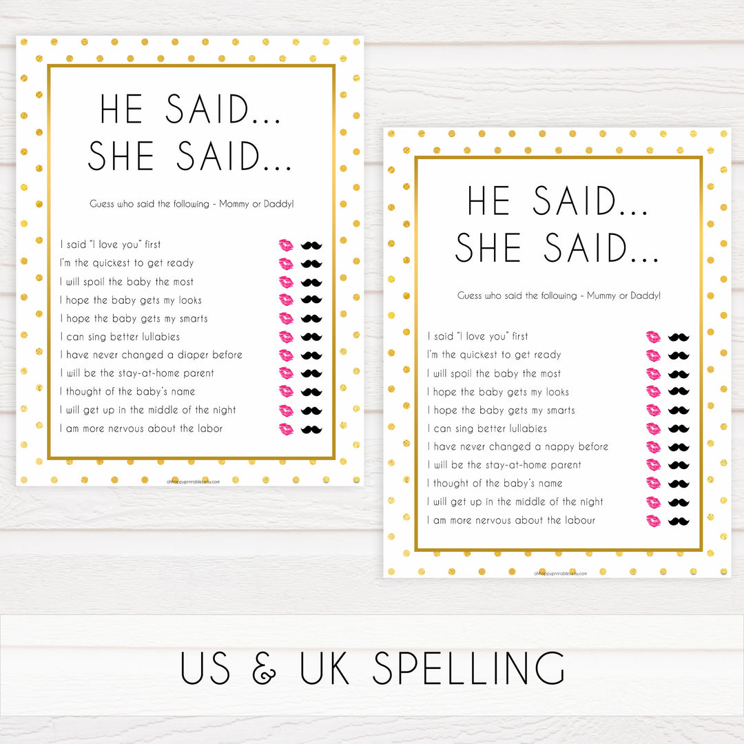 he said she said baby games, Printable baby shower games, baby gold dots fun baby games, baby shower games, fun baby shower ideas, top baby shower ideas, gold glitter shower baby shower, friends baby shower ideas