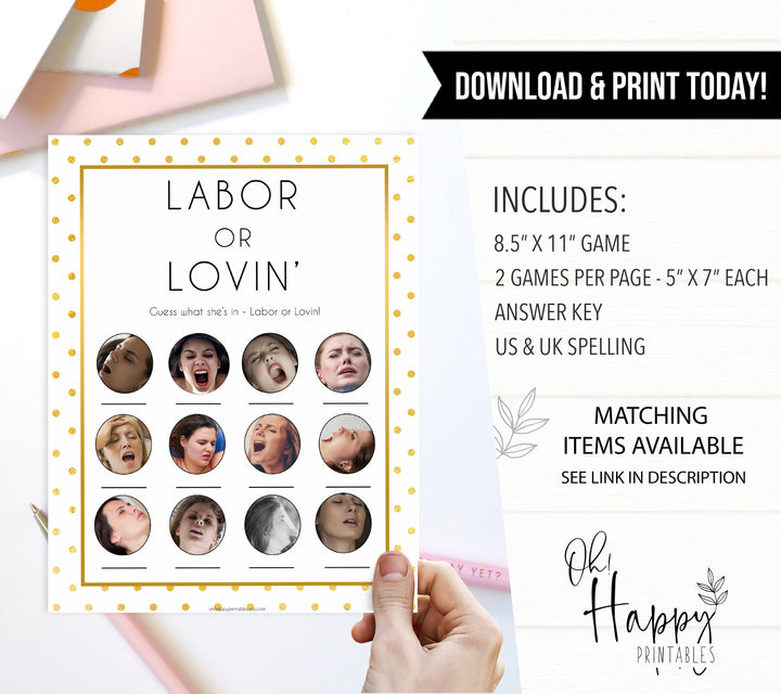 labor or lovin, labor or porn, Printable baby shower games, baby gold dots fun baby games, baby shower games, fun baby shower ideas, top baby shower ideas, gold glitter shower baby shower, friends baby shower ideas