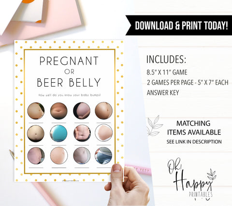 pregnant or beer belly, baby bump game, Printable baby shower games, baby gold dots fun baby games, baby shower games, fun baby shower ideas, top baby shower ideas, gold glitter shower baby shower, friends baby shower ideas