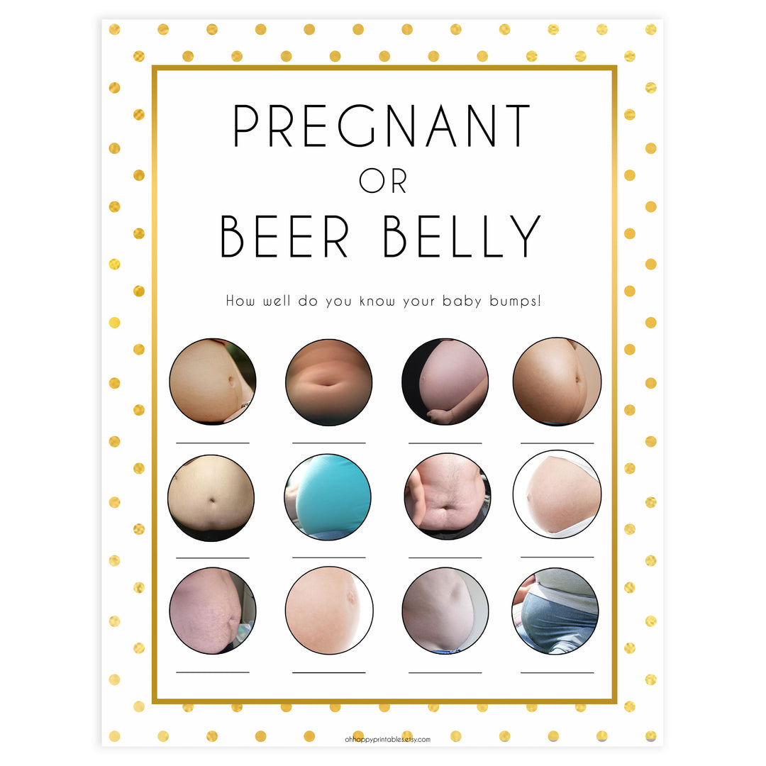 pregnant or beer belly, baby bump game, Printable baby shower games, baby gold dots fun baby games, baby shower games, fun baby shower ideas, top baby shower ideas, gold glitter shower baby shower, friends baby shower ideas