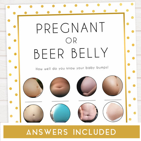 pregnant or beer belly, baby bump game, Printable baby shower games, baby gold dots fun baby games, baby shower games, fun baby shower ideas, top baby shower ideas, gold glitter shower baby shower, friends baby shower ideas