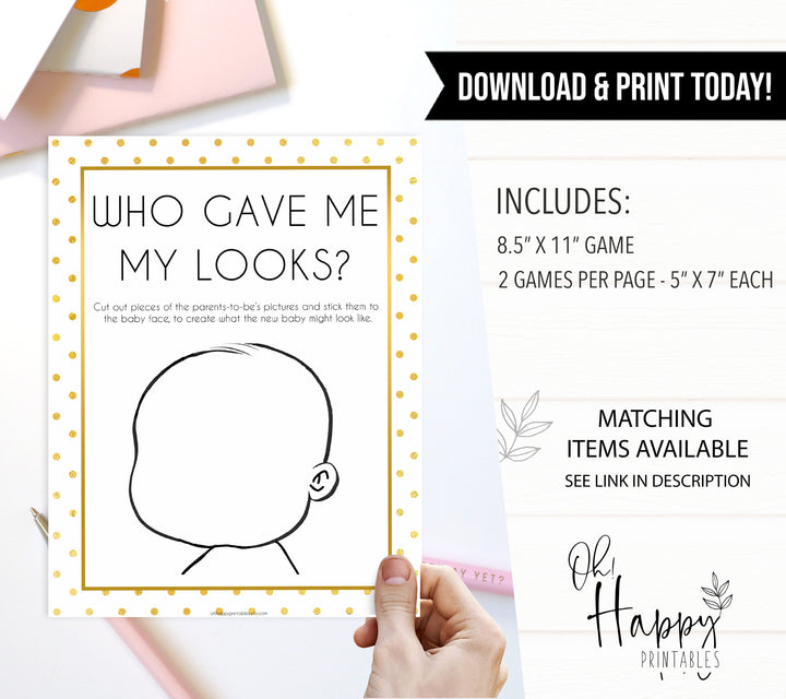 who gave me my looks, baby looks game, Printable baby shower games, baby gold dots fun baby games, baby shower games, fun baby shower ideas, top baby shower ideas, gold glitter shower baby shower, friends baby shower ideas