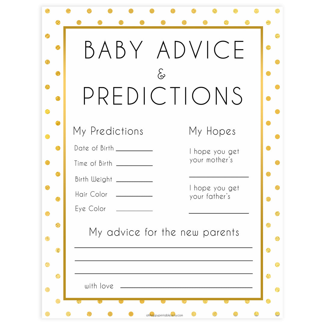 baby advice and predictions, Printable baby shower games, baby gold dots fun baby games, baby shower games, fun baby shower ideas, top baby shower ideas, gold glitter shower baby shower, friends baby shower ideas