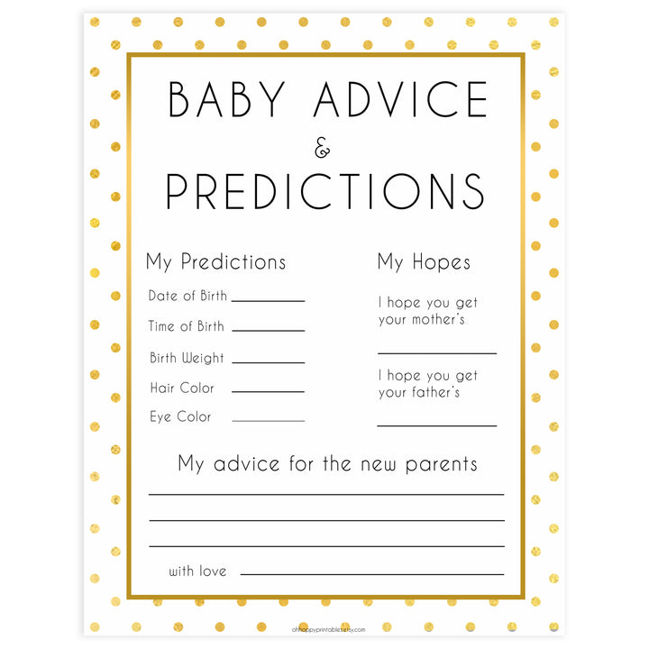baby advice and predictions, Printable baby shower games, baby gold dots fun baby games, baby shower games, fun baby shower ideas, top baby shower ideas, gold glitter shower baby shower, friends baby shower ideas