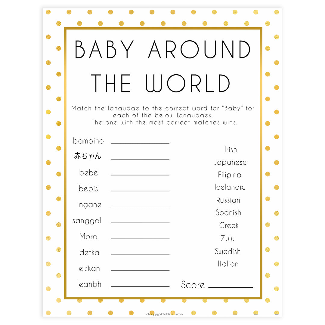baby around the world, Printable baby shower games, baby gold dots fun baby games, baby shower games, fun baby shower ideas, top baby shower ideas, gold glitter shower baby shower, friends baby shower ideas