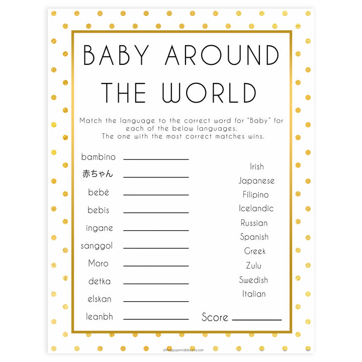 baby around the world, Printable baby shower games, baby gold dots fun baby games, baby shower games, fun baby shower ideas, top baby shower ideas, gold glitter shower baby shower, friends baby shower ideas
